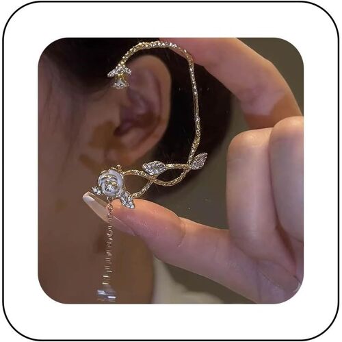 Kal-Boucles D'oreilles Boho Rose Manchette Boucles D'oreilles Vintage Fleur Manchette Boucles D'oreilles Or Rose Cz Teardrop Dangle Boucles D'oreilles Personnalisé Rose Pas De Piercing(Gauche)