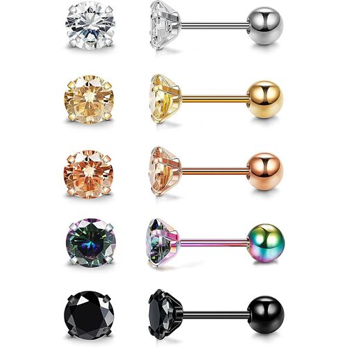 Kal-5 Paires De Boucles D'oreilles En Zircone Cubique Ensemble 316l En Acier Inoxydable Boucles D'oreilles Boucles D'oreilles Screwback Ensemble 5mm