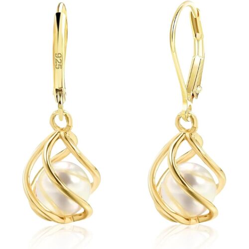 Chenquansarl-Boucles D'oreilles En Perles Avec Cage Dorée, Élégantes Boucles Pendantes En Perles D'eau Douce Blanches, Bijoux Hypoallergéniques Pour Oreilles Sensibles, Polyvalentes À Porter