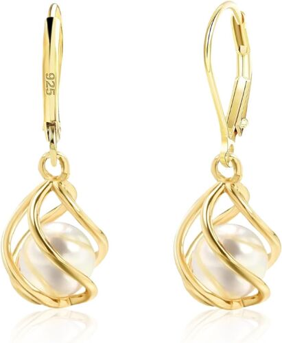 Chenquansarl-Boucles D'oreilles En Perles Avec Cage Dorée, Élégantes Boucles Pendantes En Perles D'eau Douce Blanches, Bijoux Hypoallergéniques Pour Oreilles Sensibles, Polyvalentes À Porter