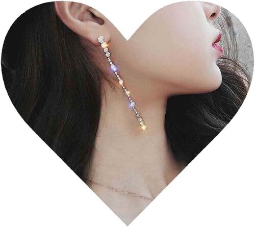 Kal-Boucles D'oreilles Chaîne De Strass Boucles D'oreilles Longues En Cristal Argenté Boucles D'oreilles Chaîne De Cz Dangle Boucles D'oreilles Frange De Cristal Bijoux Pour Femmes Et Filles