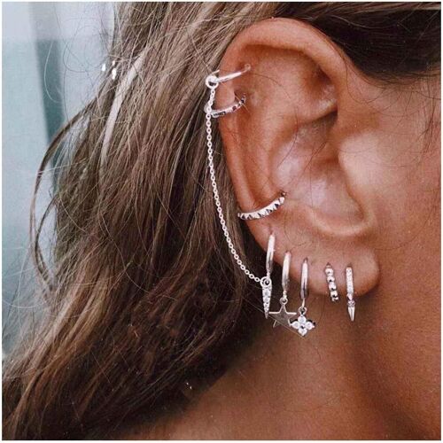 Kal-Boucles D'oreilles Étoiles En Strass Boucles D'oreilles Argentées À Piercings Multiples Boucles D'oreilles En Cercle Boucles D'oreilles En Cercle À Pampilles Ensemble De Bijoux
