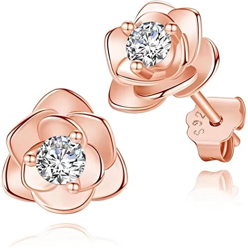 Kal-Boucles D'oreilles En Argent 925 Or Rose - Cartilage Délicat Hypoallergénique - Roses - Fleurs - Boucles D'oreilles Pour Femme - 1 Paire De Boucles D'oreilles En Argent - Zircon Design 5 Mm