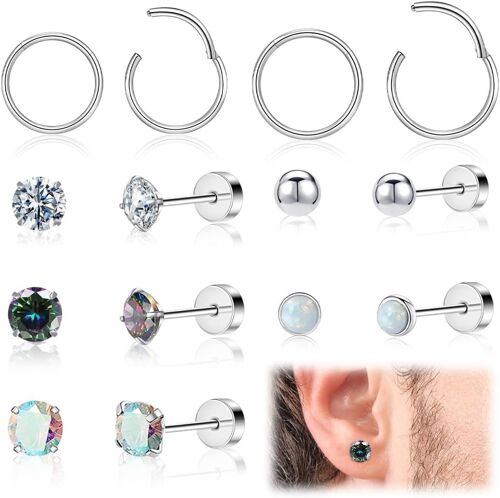 Kal-7 Paires Petites Boucles D'oreilles Femme Acier Chirurgical Helix Boucles D'oreilles Flatback Hypoallergénique Zircon Cz Boucles D'oreilles Créoles Piercing Clou D'oreille Ensemble
