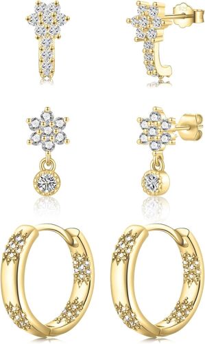 Kal-Lot De 3 Paires De Boucles D'oreilles En Forme De Fleur - Boucles D'oreilles Créoles Dorées Scintillantes - 14 Mm - 15 Mm - Plaqué Or