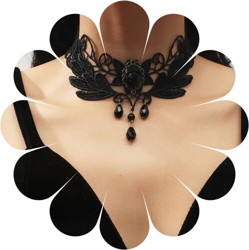 Kal-Collier Ras Du Cou Dentelle Vintage Collier Gothique Dentelle Noire Collier Punk Pompon Cristal Chandelier Pendentif Perlé Collier Ras Du Cou Princesse Mariée Dentelle Lolita Pour Femmes