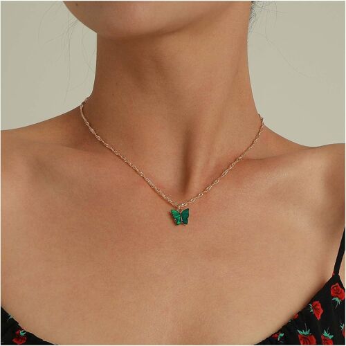 Kal-Collier Boho Papillon Vert Collier Pendentif Papillon Acrylique Collier Papillon Acrylique Vert Collier Chaîne Torsadée Minimaliste Or Bijoux Pour Femmes Et Filles