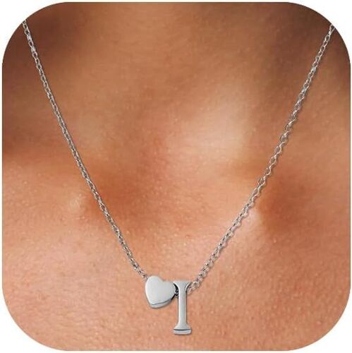 Kal-Collier Coeur Avec Lettre Collier Prenom Personnalisé Chaîne Coeur Avec Initiales A-Z Nom Collier 316l Acier Inoxydable Collier Lettre Pendentif Cadeaux Bijoux Pour Femmes Filles 45+5cm