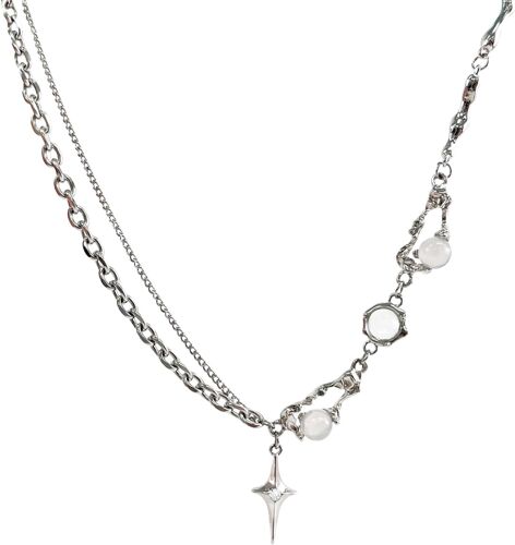 Y2k Collier Irrégulier Avec Pendentif Étoile Et Pierre De Lune,Collier Tendance En Argent Pour Femme,Bijoux Tendance Y2k Avec Collier En Zircon Et Chaîne Étoile