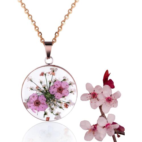 Kal-Collier En Plaqué Or 18k/Or Rose Pour Femmes, Dentelle De Reine Anne Pressée À Main, Bijou De Fleur De Naissance En Résine Unique Pour Elle, Vraies Fleurs Dans Pendentif, Chaîne De 45cm