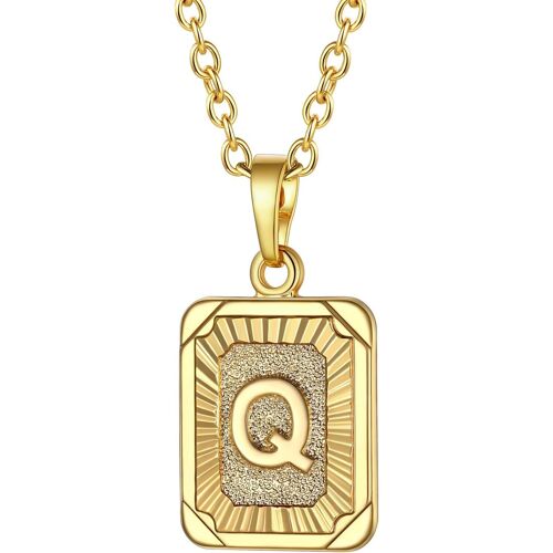 Kal-Collier Lettre Femme Plaqué Or Jaune, Pendentif Rectangle Avec Initiale, Chaîne Rolo Ajustable De 2,5mm/50+5cm