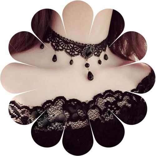 Kal-Boho Noir Strass Dentelle Collier Ras Du Cou Noir Larme Perle Pendentif Collier Ras Du Cou Gothique Gouttelette Collier Collier Rétro Vintage Collier Chaîne Bijoux Cadeaux Pour(Noir F)