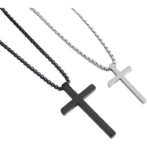 2 Croix Collier Pour Hommes Et Garçons,Chaîne De Croix Inoxydable Pour Hommes,Chaîne De Cadeaux De Baptême,Cadeaux De Bijoux,60cm(Argent Et Noir)