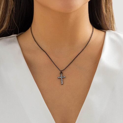 Kal-Femmes Croix Collier Simple Petit Pendentif Croix Collier Femme Fille Bijoux Cadeau (Noir)