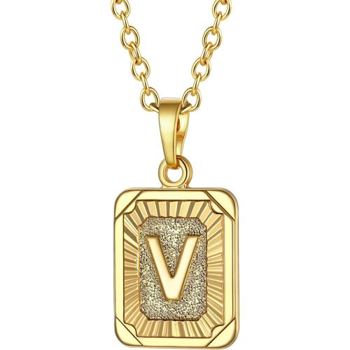 Kal-Collier Lettre Femme Plaqué Or Jaune, Pendentif Rectangle Avec Initiale, Chaîne Rolo Ajustable De 2,5mm/50+5cm