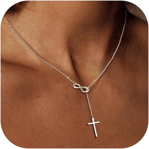 Tianyi-Collier Avec Croix Pour Femme,Collier En Or 14 Carats,Pendentif Délicat Avec Croix Infini,Collier Ras Du Cou Simple Et Tendance Or/Argent