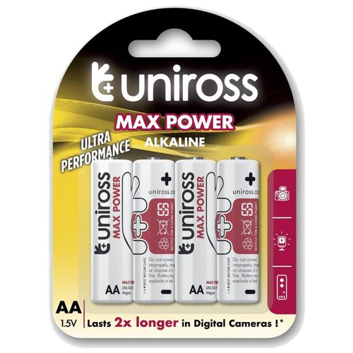 UNIROSS Pack de 4 Piles Alcalines AA-LR6 Max Power High Tech 1,5V
