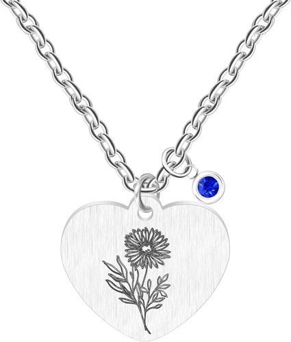 Kal-Collier Fleur Du Mois De Naissance En Coeur Avec Pendentif Pierre De Naissance 12 Mois, Bijou Personnalisé En Acier Inoxydable Hypoallergénique Pour Anniversaires Femmes Ya5545