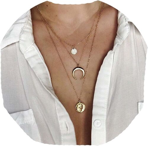 Kal-Boho Collier En Forme De Disque De Pièce De Monnaie En Forme De Médaillon En Or Collier Avec Pendentif En Forme De Croissant De Ras De Cou, Collier Multicouche, Bijoux En Chaîne (Or D)