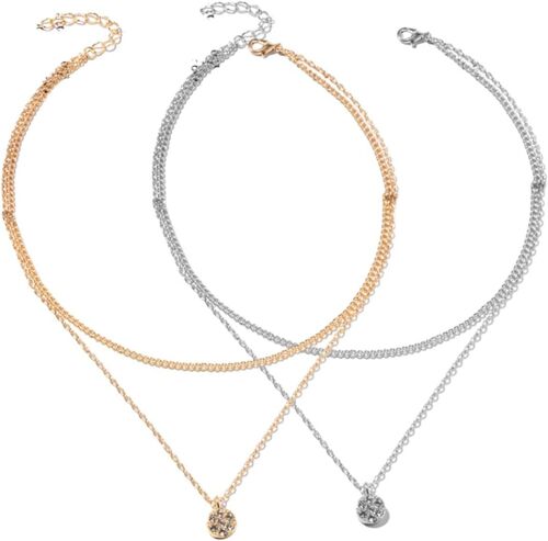 Kal-2 Pcs Collier Pendentif En Cristal Cz En Couches Collier En Couches Collier Pendentif Solitaire Rond Collier En Cristal Étincelant Collier Mariage Collier Cz Bijoux, Or Et Argent