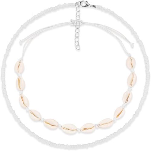 Kal-Collier Coquillage, Set De 2 Collier Coquillage Femme, Collier De Coquillages Naturels, Collier De Perle, Coquillage Bijoux, Colliers De Clavicule Réglables Coquillage Pour Femmes (Blanc)