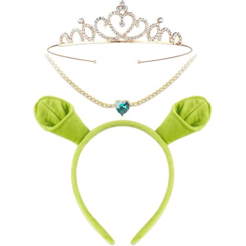 3 Pièces Serre Tete Peluche Halloween Enfant Adulte Oreilles De Monstre Ogre Vert Cristal Couronne Princesse Strass Collier Or Cheveux Accessoire Pour Déguisement D'halloween Cosplay