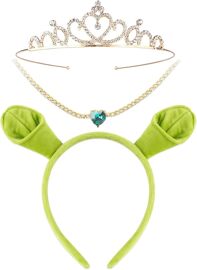 3 Pièces Serre Tete Peluche Halloween Enfant Adulte Oreilles De Monstre Ogre Vert Cristal Couronne Princesse Strass Collier Or Cheveux Accessoire Pour Déguisement D'halloween Cosplay