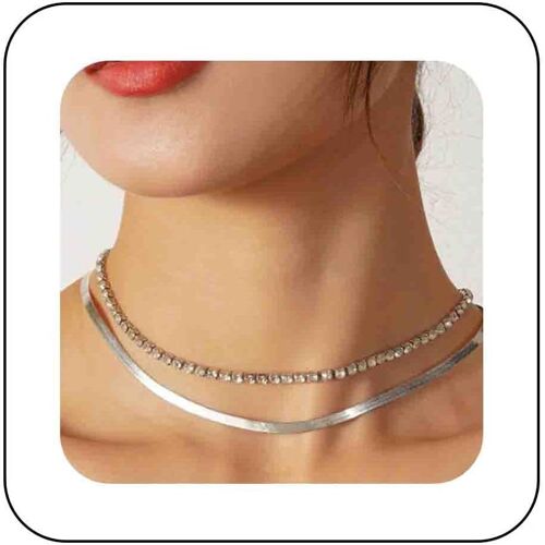 Kal-Collier Ras Du Cou Boho À Chevrons Argenté Collier Chaîne Tennis Collier Chaîne Serpent Plat Collier Strass Étincelant Collier Strass Cz Bijoux Pour Femmes Et Filles