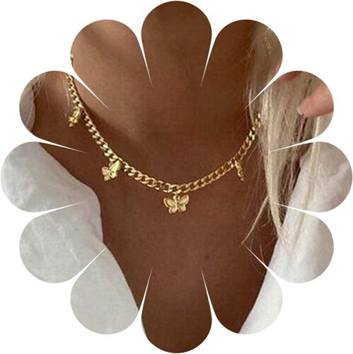 Kal-Collier Chaîne Vintage Papillon Doré Collier Papillon Rétro Collier Chaîne Plate Épaisse Collier Ras De Cou Bijoux Pour Femmes Et Filles