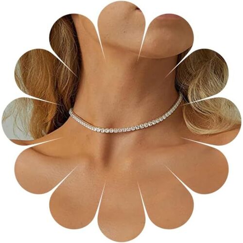 Kal-Ollier Ras Du Cou En Strass Collier Ras Du Cou En Cz Argent Collier Court Punk Tennis Chain Shine Bridal Chain Jewelry For Women And Girls Gifts