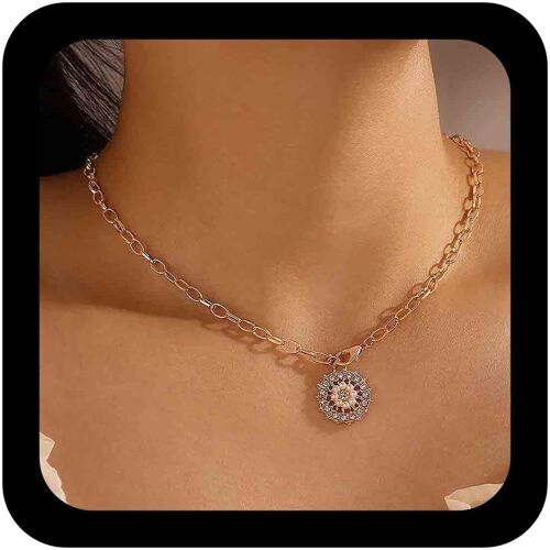 Kal-Boho Strass Fleur Pendentif Collier Or Perle Cercle Collier Ras Du Cou Scintillant Cz Cercle Collier Collier Punk Trombone Chaîne Collier Bijoux Pour Femmes Et Filles