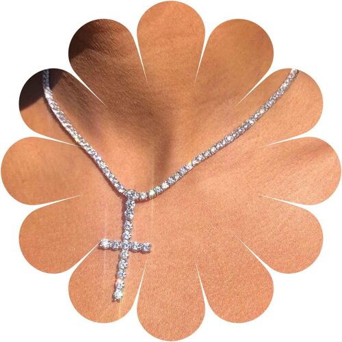 Kal-Collier Choker Boho Tennis Argent Cz Tennis Croix Pendentif Collier Cubique Brillant Collier De Nuit Brillant Collier Chaîne Bijoux Pour Femmes Et Filles