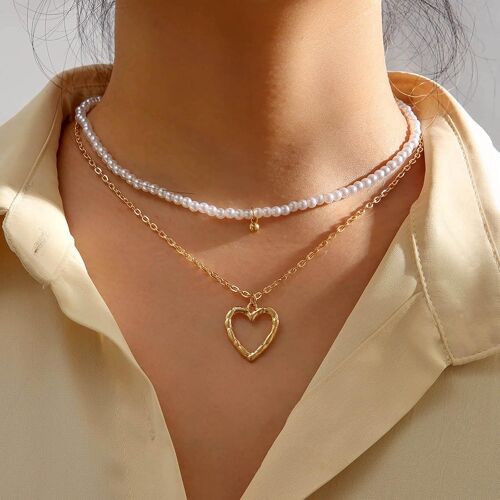 Kal-Collier Ras De Cou Boho En Couches Collier De Perles Or Collier De Perles Boule Peandant Collier Coeur Creux Collier De Perles Pour Femmes Et Filles Bijoux De Tous Les Jours