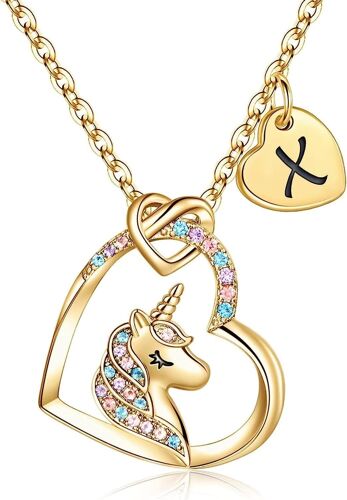 Kal-Collier De Licorne Pour Filles, Collier De Pendentif Coeur Plaqué En Or 14 Carats Pour Filles, Avec Cz Colorée Et Un Pendentif Coeur Initial