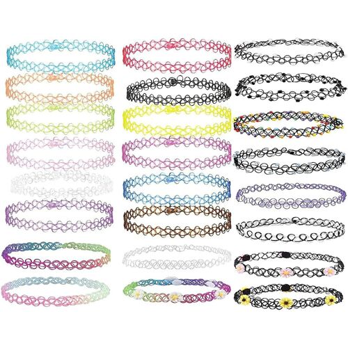 Kal-Colliers Ras Du Cou,Choker Collier Tour De Cou Au Henné Collier Tatouage Gothique Stretch Avec Pendentif Élastique Collier Ensembl (24 Pièces)