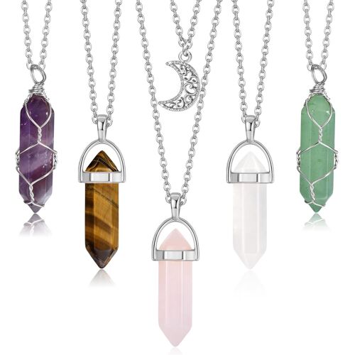 Kal-5 Pièces Collier Pendentif En Cristal Pierre De Guérison Naturelle Améthyste Collier De Pierres Précieuses De Quartz Rose Pour Les Femmes