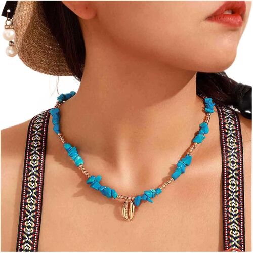 Kal-Boho Turquoise Bead Choker Collier Vintage Cowrie Shell Pendentif Collier Bleu Turquoise Collier Choker Single Shell Choker Collier Bijoux Pour Femmes Et Filles