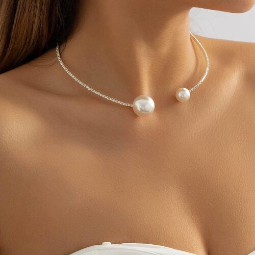 Collier D'ouverture De Perle D'imitation Simple Bracelet À Une Seule Couche Cristal D'argent Collier De Choke D'ouverture Délicate Femme Fille Bijoux (Collier De Perles)