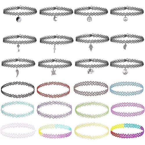 Kal-Colliers Ras Du Cou,Choker Collier Tour De Cou Au Henné Collier Tatouage Gothique Stretch Élastique Collier Ensemble(24 Pièces)