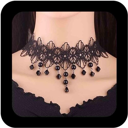 Kal-Boho Fleur Dentelle Chaîne Collier Gothique Frange Cristal Collier Ras Du Cou Vintage Dentelle Tatouage Ras Du Cou Noir Goutte D'eau Dentelle Clavicule Chaîne Collier Bijoux(Style B)