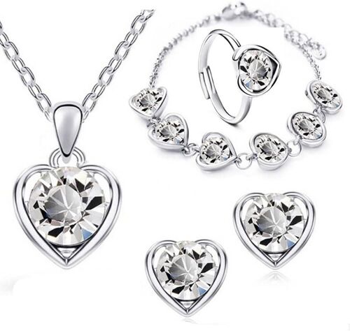 Kal-La Collier En Forme De Coeur Boucle D`Oreille Bracelet Anneau Mis En Or Mode Amour Coeur Collier Collier Choker Bijoux Pour Femmes Et Filles (Argent)