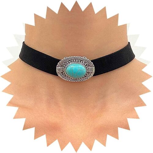 Kal-Collier Tour De Cou Bohemia En Cuir Turquoise Collier Tour De Cou En Velours Noir Collier Collier Turquoise En Daim Collier Turquoise Court Collier Tribal Vintage Bijoux Pour Femmes Filles