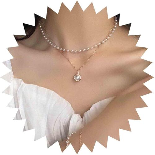 Kal-Boho Layered Perle Pendentif Collier Perle Choker Or Collier Perle Pendentif Collier Perlé Clavicule Chaîne Bijoux De Mariage Colliers Pour Femmes Et Filles Pour Cadeau
