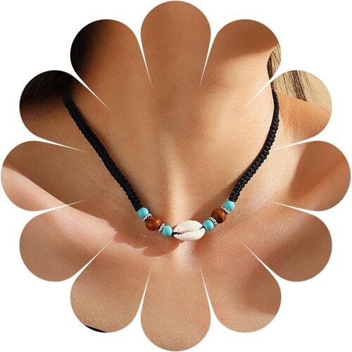 Kal-Collier De Bohème Noir En Corde Tressée Collier Ras Du Cou Bleu Turquoise Collier Cauris Vintage Pendentif Collier Perle Turquoise Vintage Collier Ras Du Cou Bijoux Pour Femmes Et Filles
