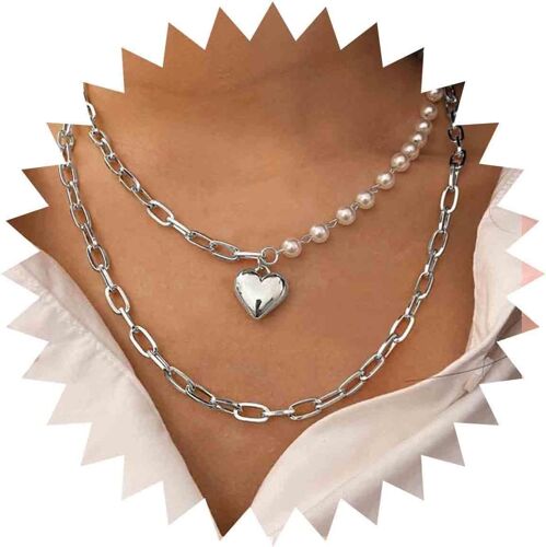 Kal-Boho Layered Pearl Choker Collier Chaîne Vintage Argent Pendentif Coeur Cubain Chaîne Collier Rock Perle Coeur Collier Asymétrique Perle Strand Collier Bijoux Pour Femmes Et Filles(Argent)