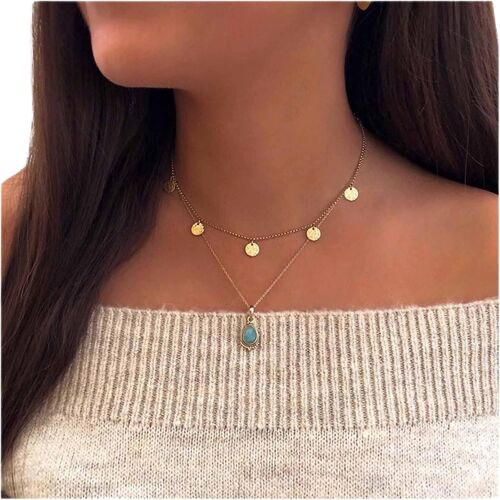 Kal-Collier Ras Du Cou En Forme De Disque De Monnaie Collier Pendentif Turquoise En Forme De Goutte Collier Pendentif En Forme De Disque D'or Collier Turquoise Boho Bijoux Pour Femmes