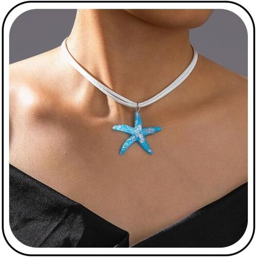 Kal-Collier Ras Du Cou En Daim Superposé Collier Étoile De Mer En Acrylique Bleu Collier Pendentif Étoile De Mer Large Collier Étoile De Mer En Velours Blanc Bijoux Pour Femmes
