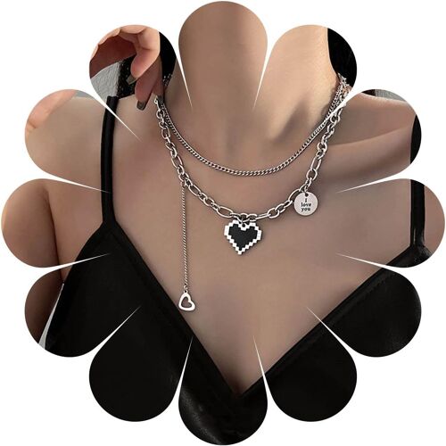 Kal-Punk Layered Mosaic Coeur Collier Argent Cubain Chain Choker Rock Black Mosaic Déclaration Coeur Choker I Love You Coin Collier Charme Bijoux Pour Femmes Et Filles (Style A)