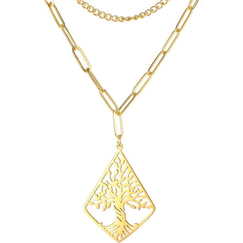Kal-Collier À Couches Arbre De Vie Rhombique En Acier Inoxydable Collier À Pendentifs Arbre De Vie De Famille Inspiré Par La Nature Bijoux Spirituels Pour Femme Homme