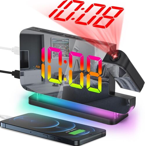 Réveil À Projection, 18,7 Cm, Horloge Numérique Led, Grand Écran, Avec Projecteur Rotatif À 180°, Veilleuse Rvb, Port Usb C, Horloge De Bureau Moderne Pour Décoration De Chambre À Coucher